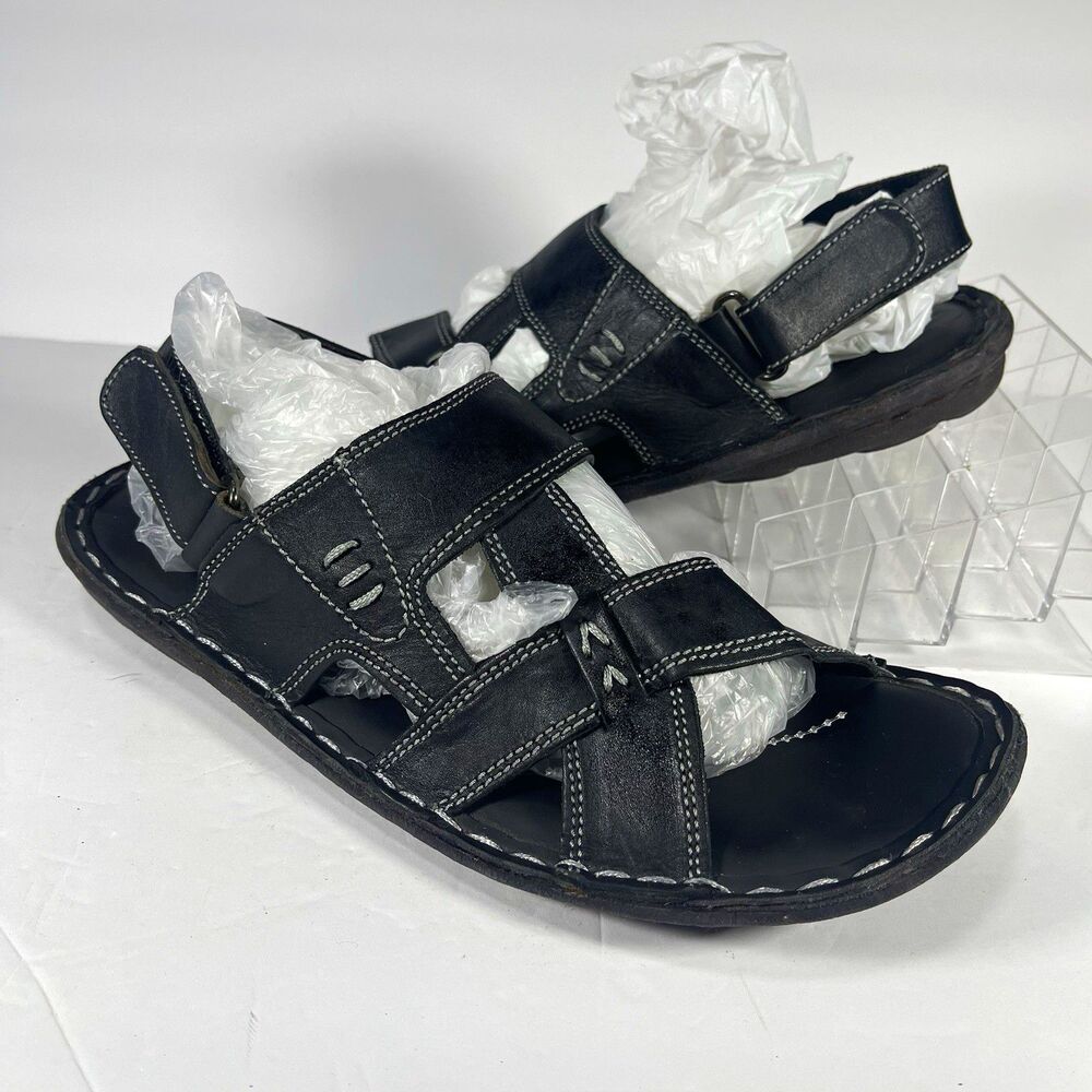 Bata Men's Black Genuine Leather Sandals Size 8 US / 42 EU Adjustable Hook & Loo